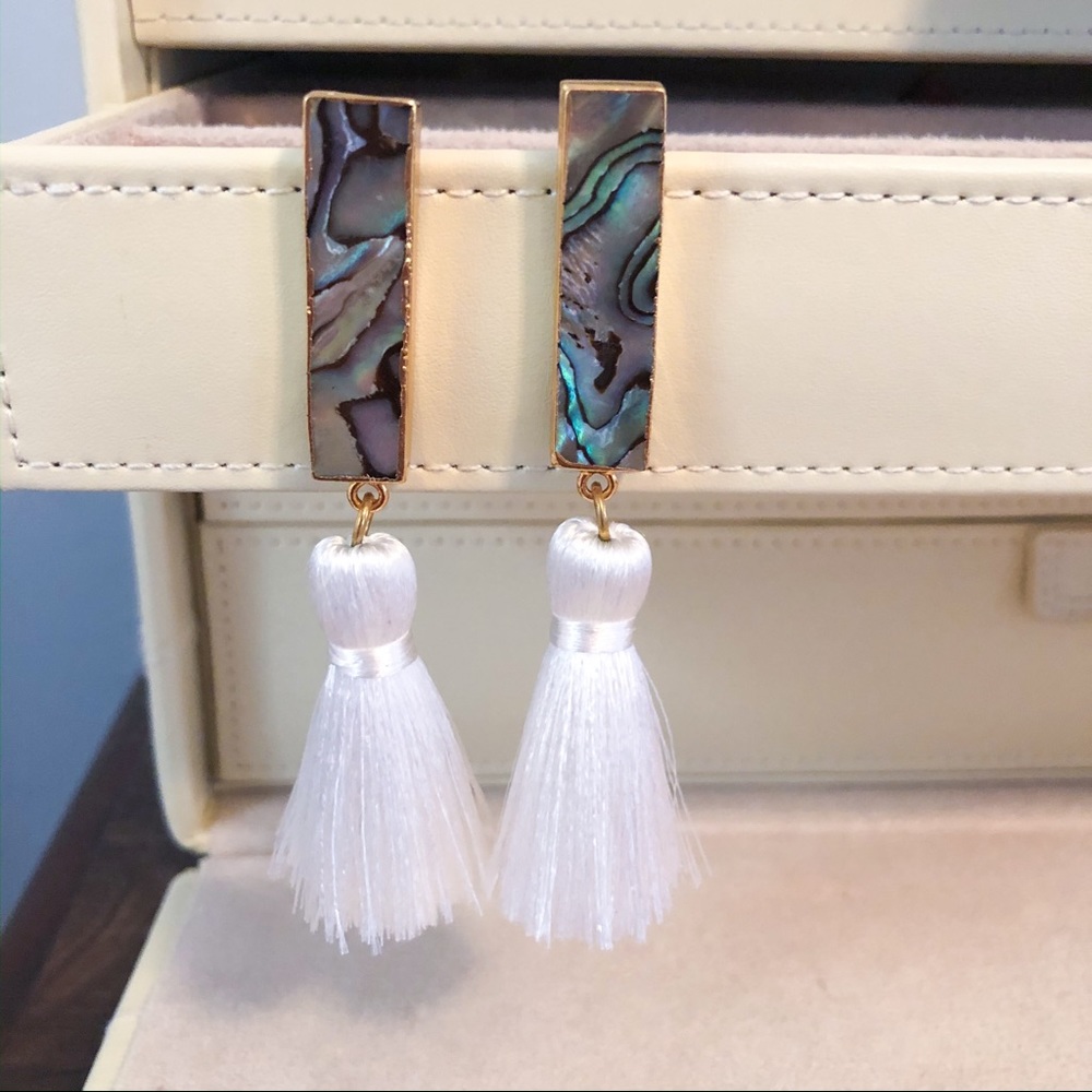 Vivian Drew Abalone Shell White Tassel Earrings